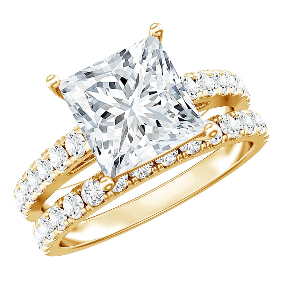 Lab Grown Diamond engagement ring set with a large princess cut center stone and round side stones in yellow gold prong setting