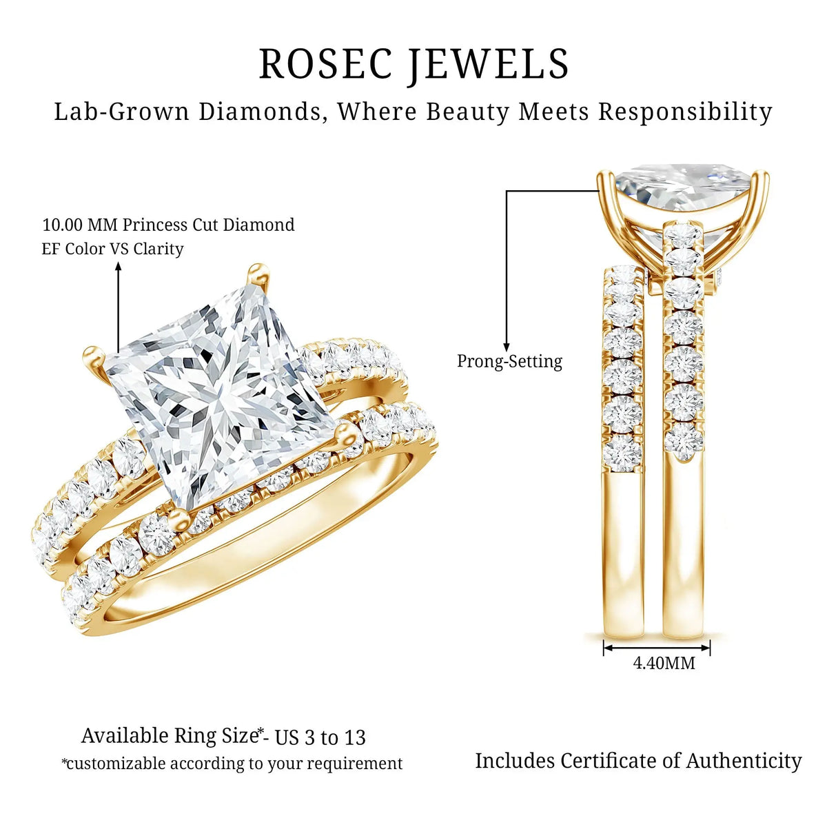 Lab Grown Diamond solitaire engagement ring set in yellow gold with 10 mm princess cut center stone and round side stones in prong setting