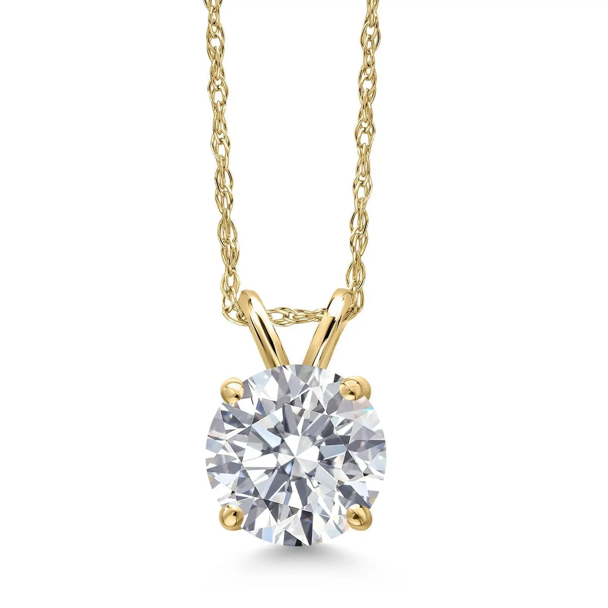 Lab grown diamond pendant necklace featuring a round brilliant 1.50 ctw diamond in solid 14K yellow gold with four-prong setting and a delicate chain
