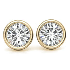 lab grown diamond round brilliant stud earrings with bezel setting in 14K yellow gold showcasing sparkling G color VS clarity stones