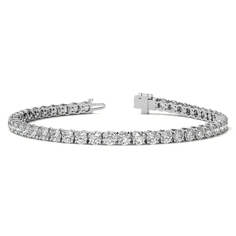 Lab Grown Diamond tennis bracelet featuring round brilliant 3mm stones set in solid 14K white gold with a box clasp