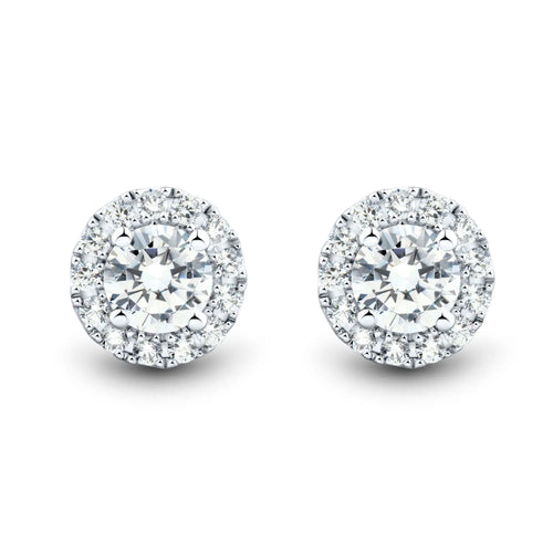 Lab grown diamond 1 CTW white gold halo stud earrings with round brilliant-cut stones and halo of smaller diamonds