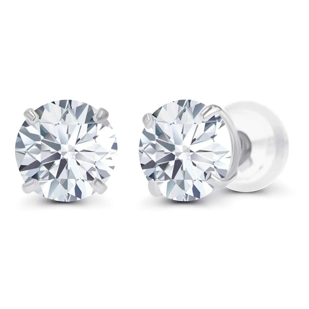 Lab-grown diamond round brilliant cut stud earrings in 14K white gold with four-prong setting and push-back closure