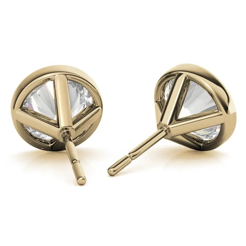 Lab grown diamond stud earrings with round brilliant stones set in 14K yellow gold bezel settings and push-back closures