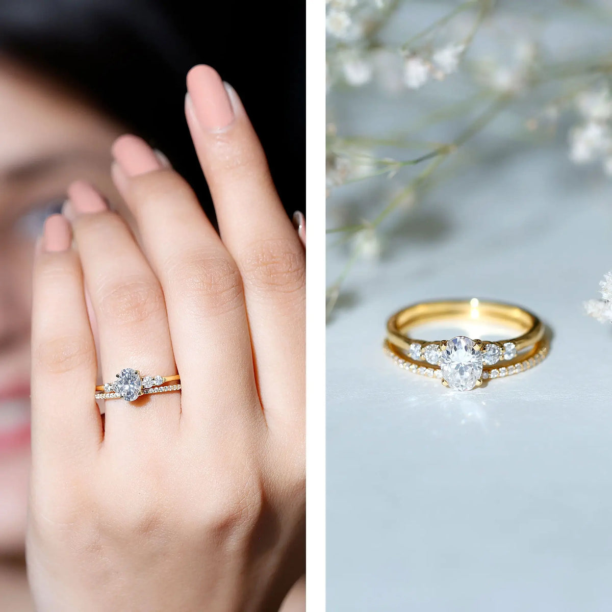 Lab Grown Diamond engagement ring and wedding band set in yellow gold with round brilliant cut diamonds and peg head setting