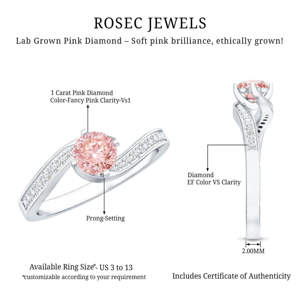 Lab Grown Pink Diamond Bypass Engagement Ring with IGI Certificate