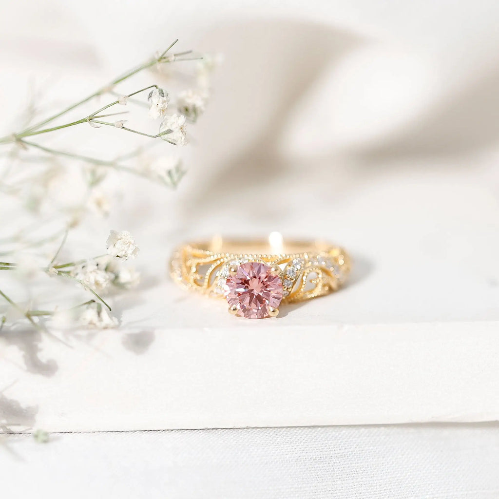 Lab Grown Pink Diamond Vintage Inspired Engagement Ring IGI Certified