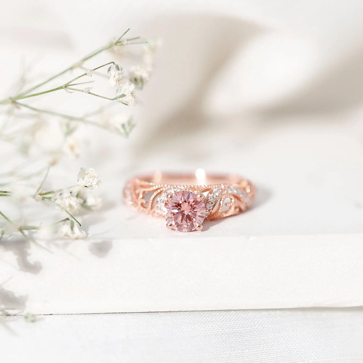 Lab Grown Pink Diamond Vintage Inspired Engagement Ring IGI Certified