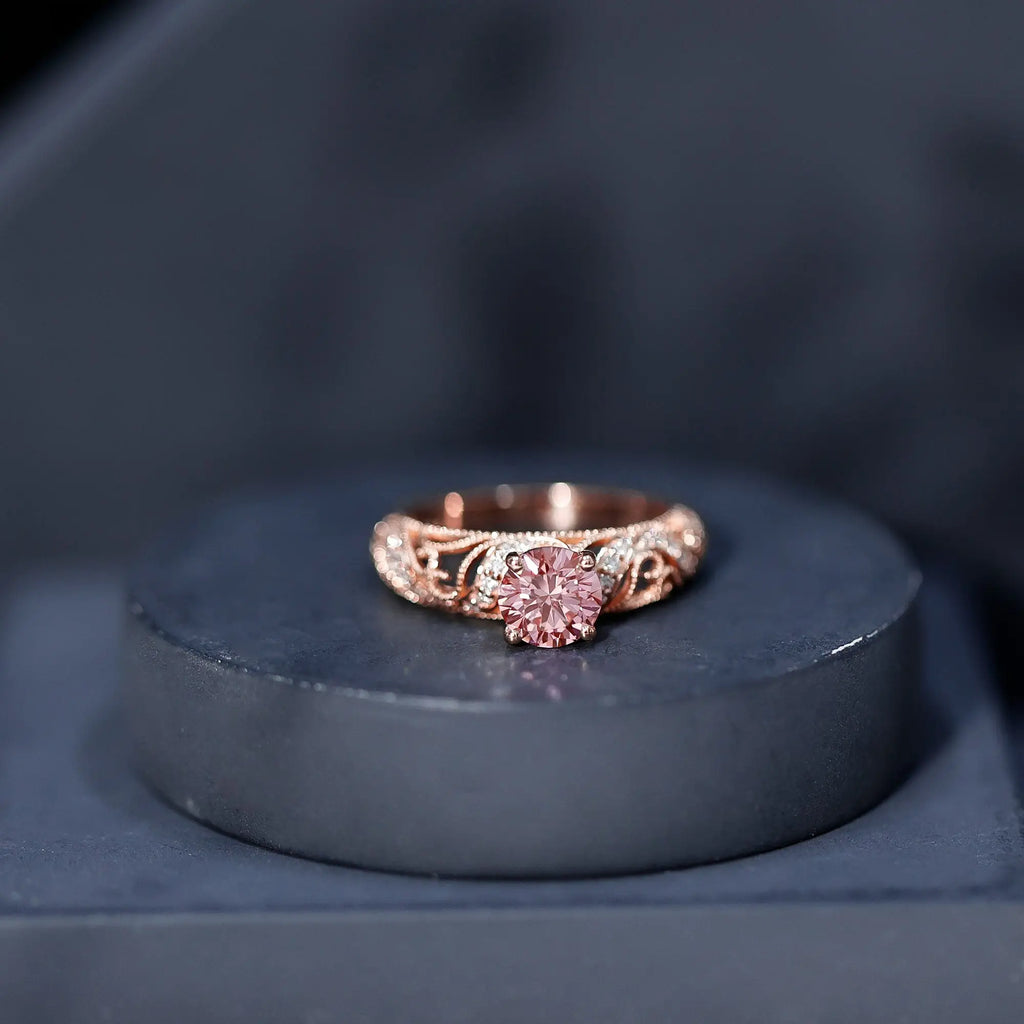 Lab Grown Pink Diamond Vintage Inspired Engagement Ring IGI Certified