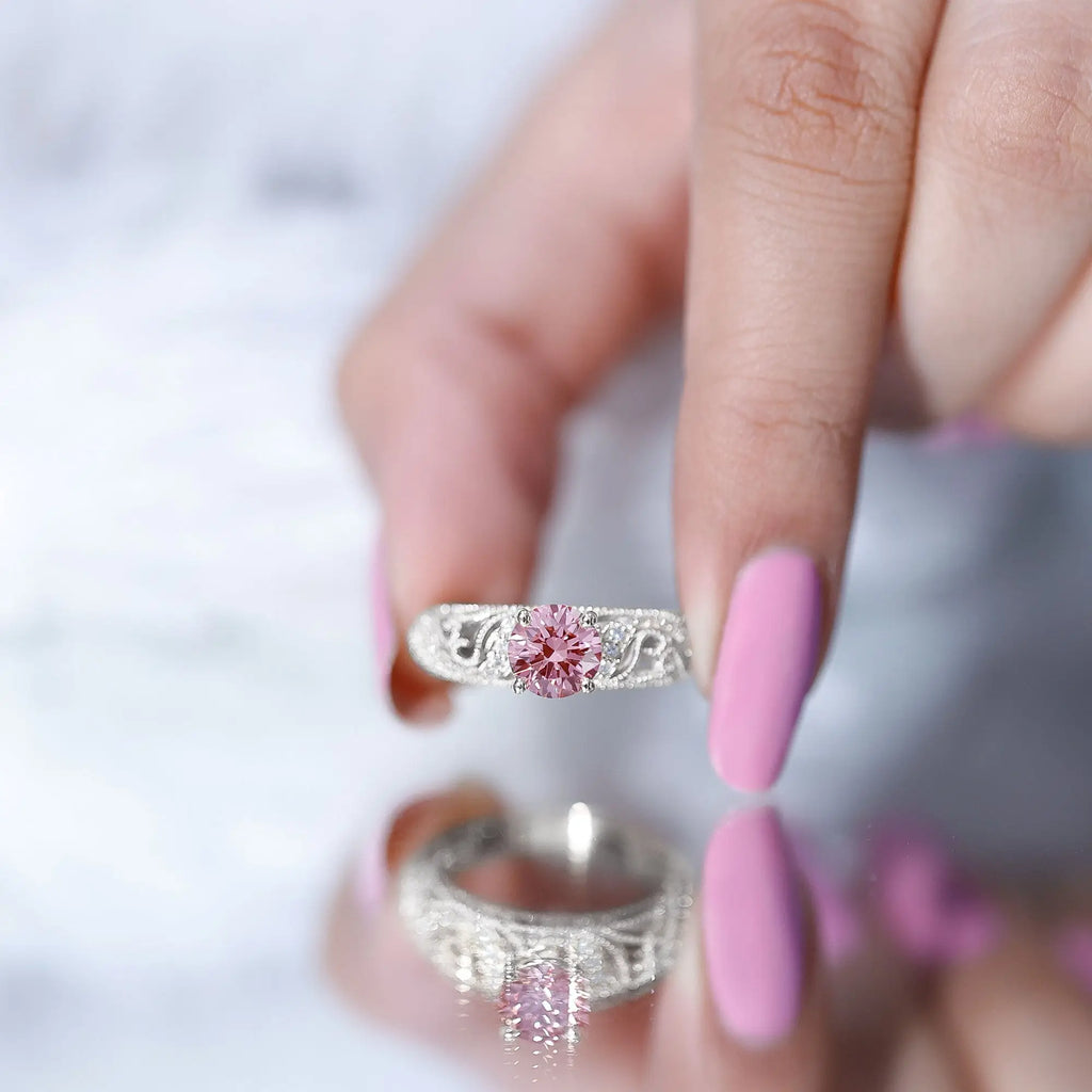 Lab Grown Pink Diamond Vintage Inspired Engagement Ring IGI Certified