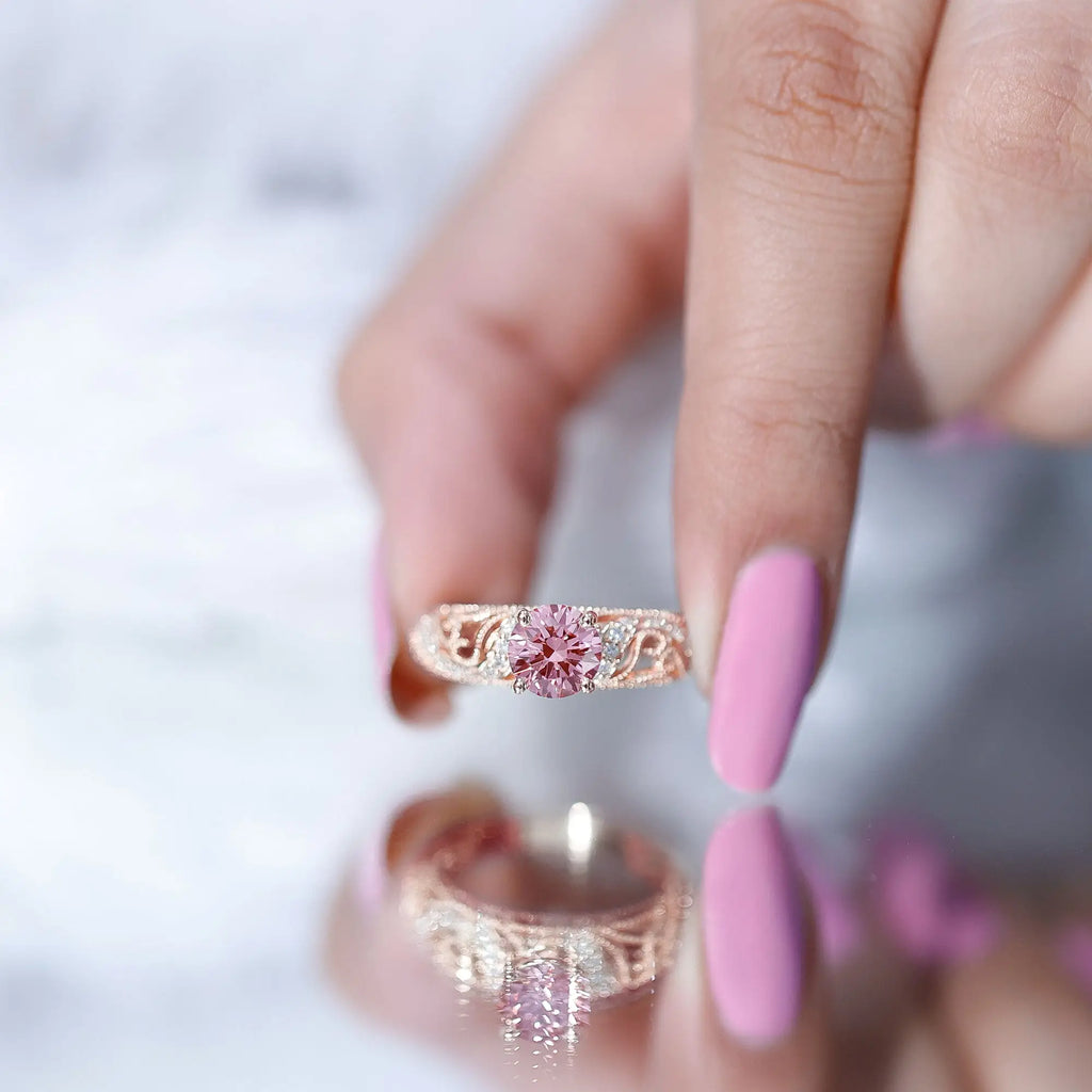 Lab Grown Pink Diamond Vintage Inspired Engagement Ring IGI Certified