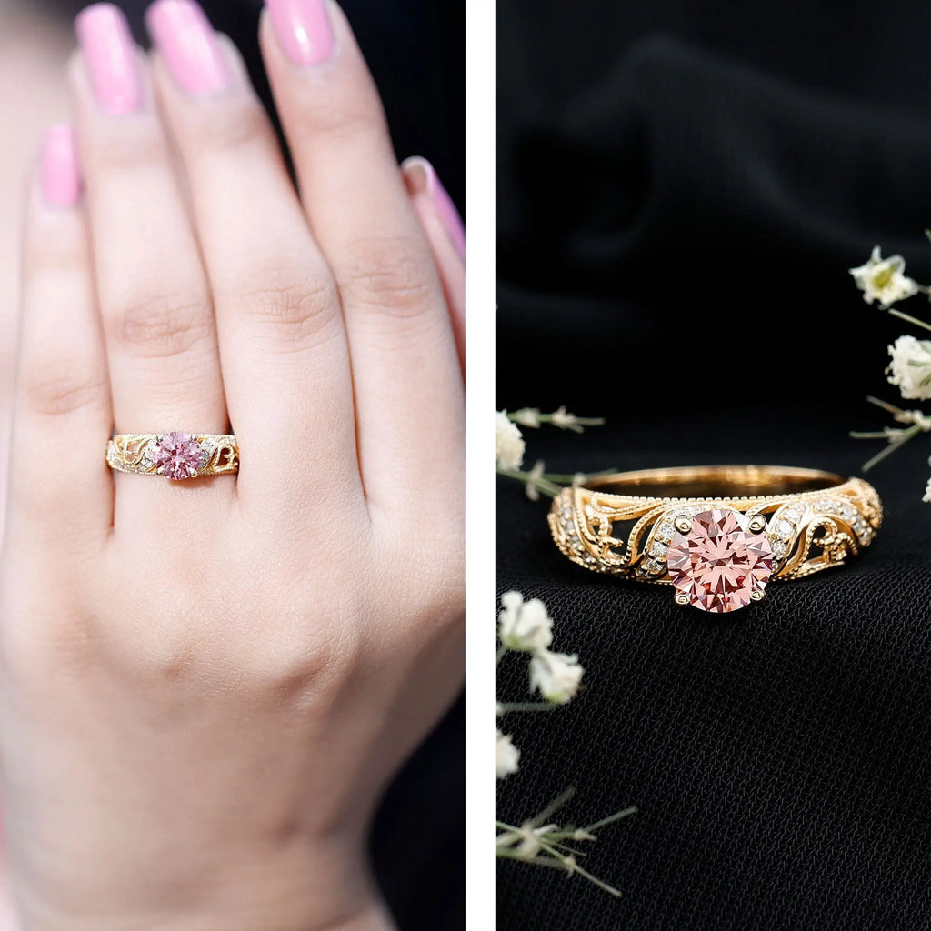 Lab Grown Pink Diamond Vintage Inspired Engagement Ring IGI Certified