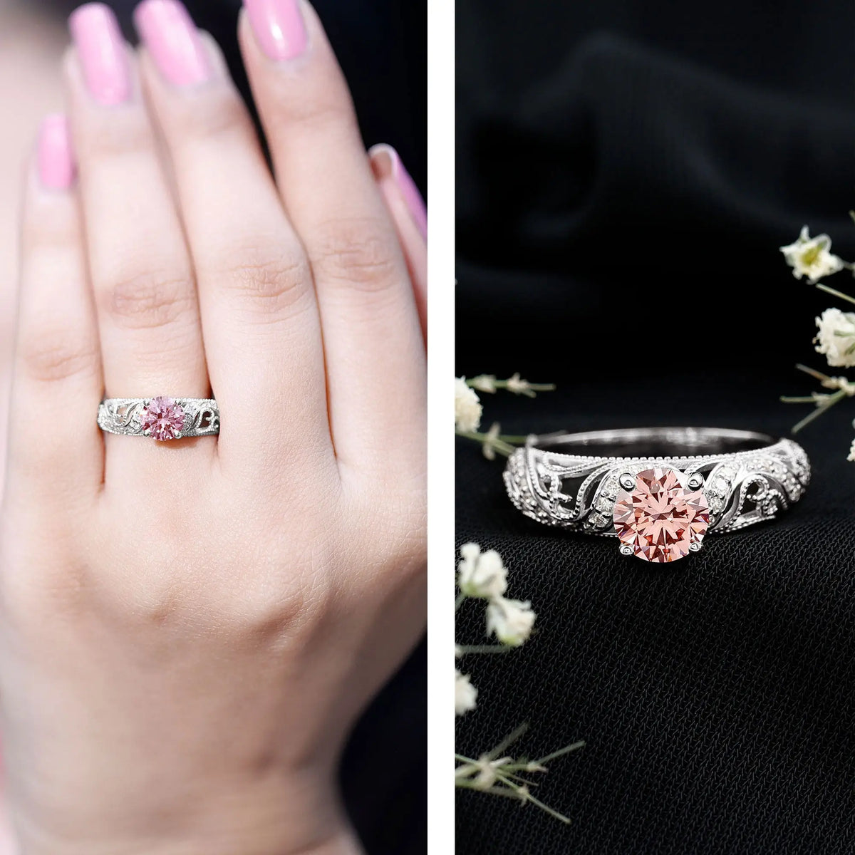 Lab Grown Pink Diamond Vintage Inspired Engagement Ring IGI Certified
