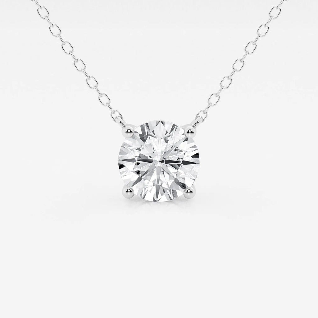 Lab Grown Round Diamond solitaire pendant with a clear round stone set in 14K white gold on a delicate cable chain
