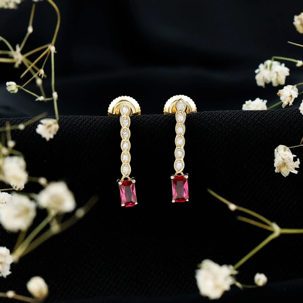 Lab Grown Ruby and Diamond Dangle Earrings For Women
