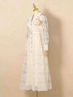 Lace Button Front Midi Dress in ivory with intricate lace pattern, buttoned front, long sleeves, and belted waist