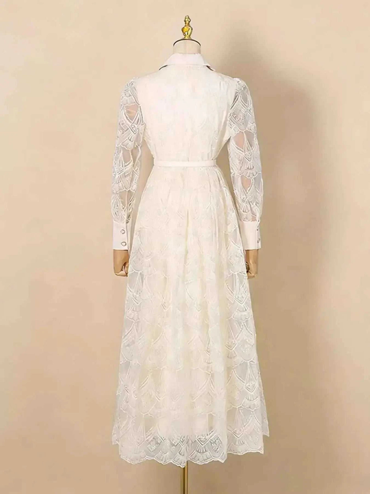 White Lace Button Front Midi Dress featuring long sheer lace sleeves and a fitted waist with buttoned cuffs
