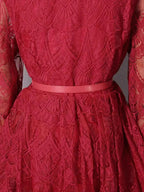 Lace Button Front Midi Dress in deep red featuring intricate lace pattern and a thin matching belt at the waist