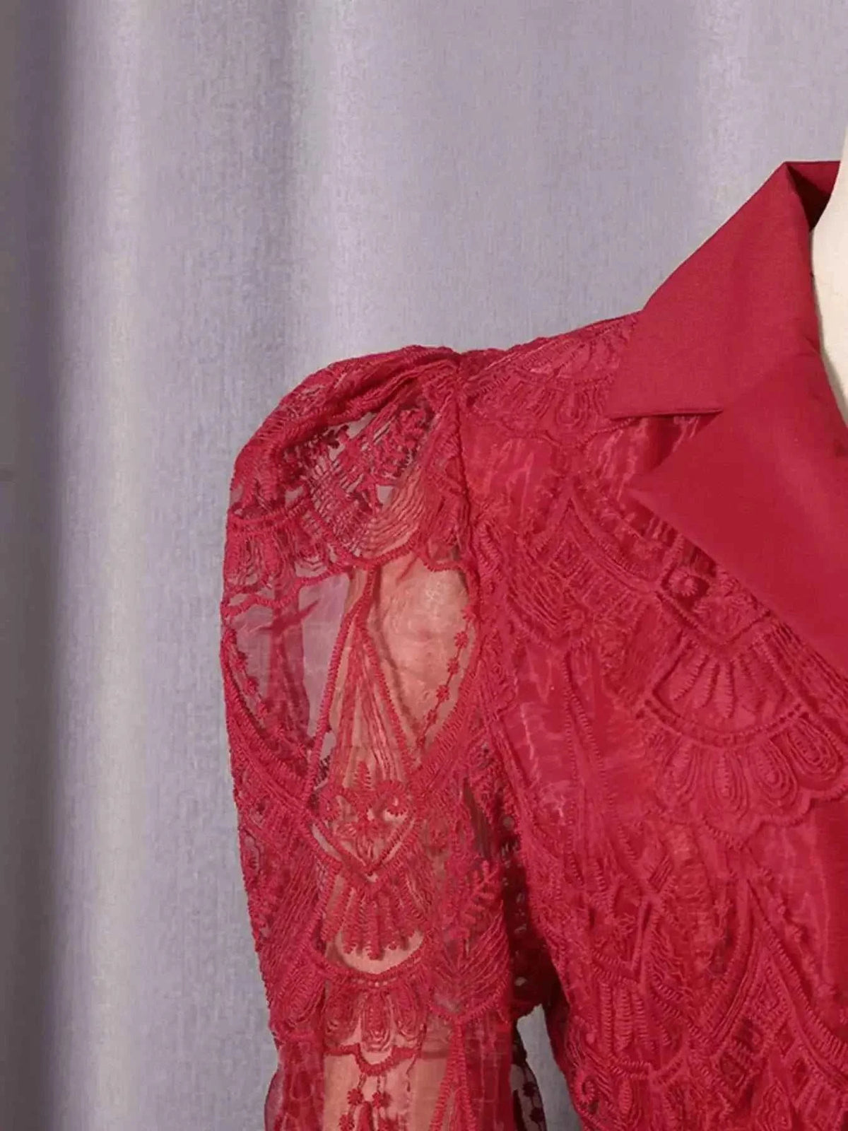 Red lace dress featuring intricate lace pattern with button front and structured collar, showcasing sleeve detail in sheer lace