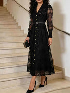 Black Lace Button Front Midi Dress featuring a fitted silhouette, long lace sleeves, button closure, and belted waist