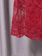 Red lace detailing on a Lace Button Front Midi Dress showing intricate floral and geometric patterns on sheer fabric