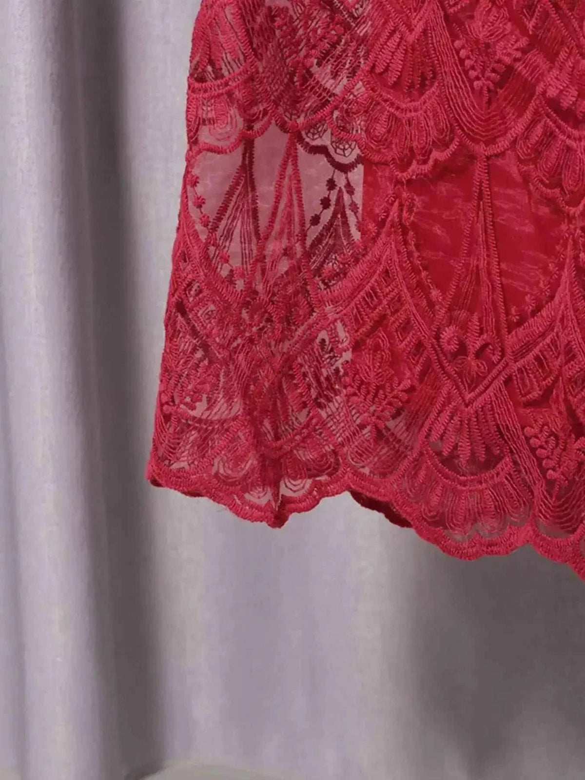Red lace detailing on a Lace Button Front Midi Dress showing intricate floral and geometric patterns on sheer fabric