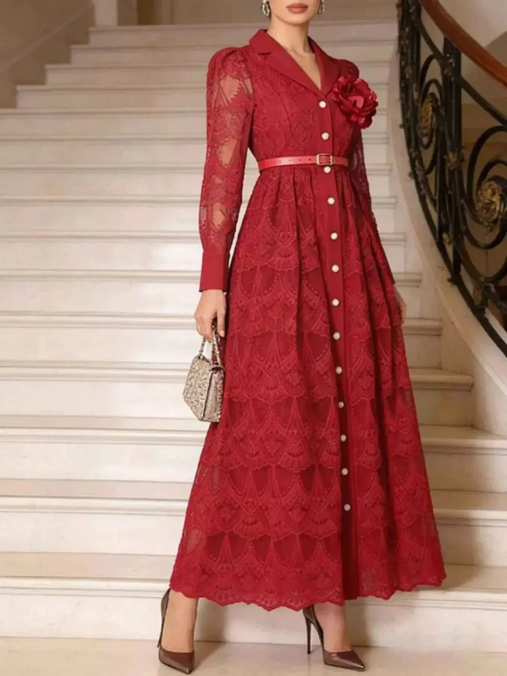 Lace Button Front Midi Dress in deep red with long sheer lace sleeves, button closure, collared neckline, and belted waist featuring a floral embellishment
