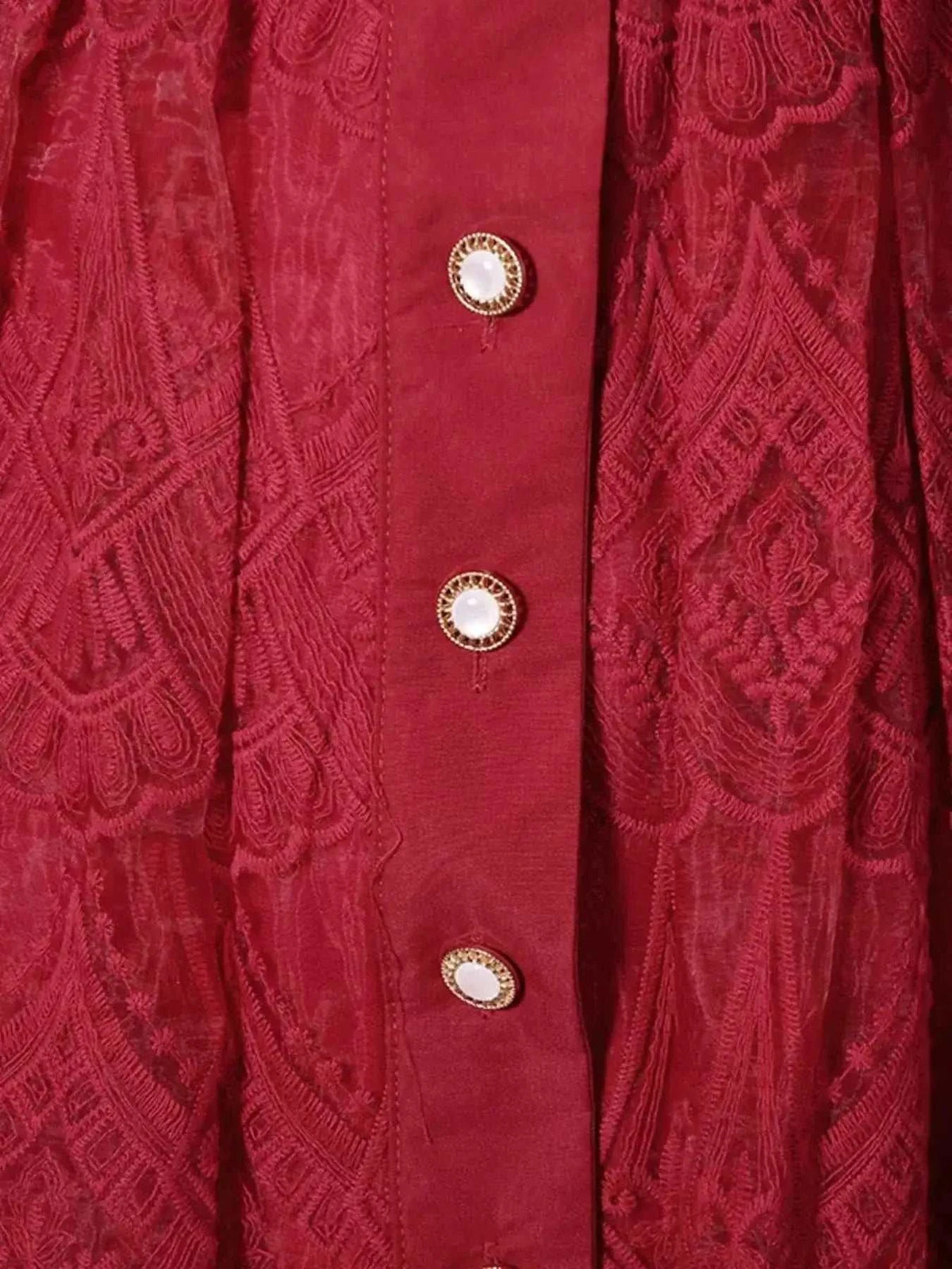 Lace Button Front Midi Dress in deep red polyester with intricate lace patterns and pearl-accented buttons down the front