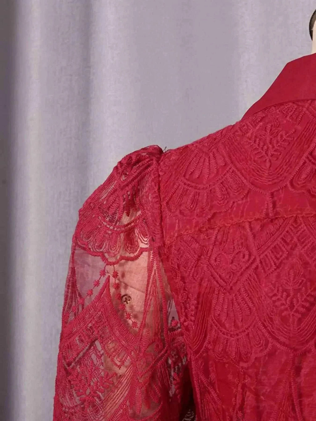 Lace Button Front Midi Dress in deep red featuring intricate lace pattern and sheer puff sleeve detail