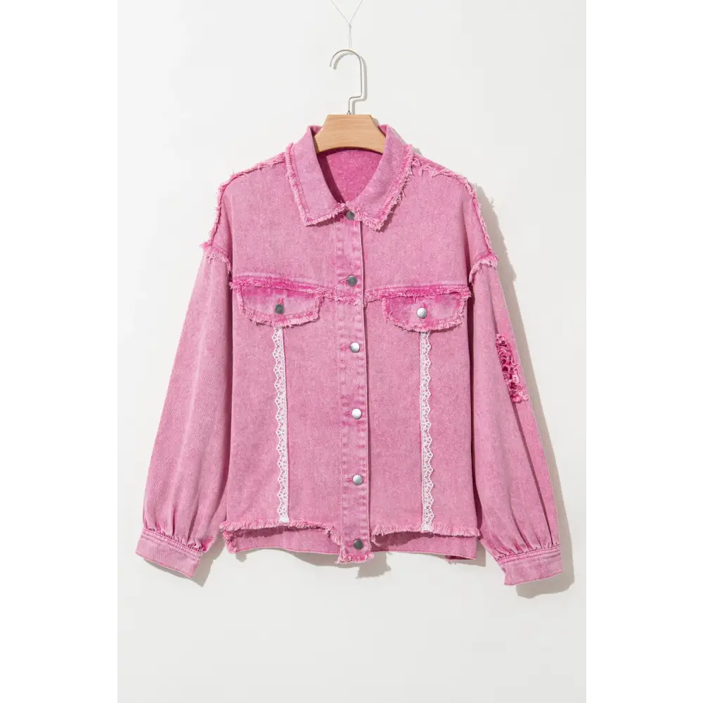 Lace detail distressed denim jacket for luxury fashion forward women $79.99 this exquisite piece boasts a distressed