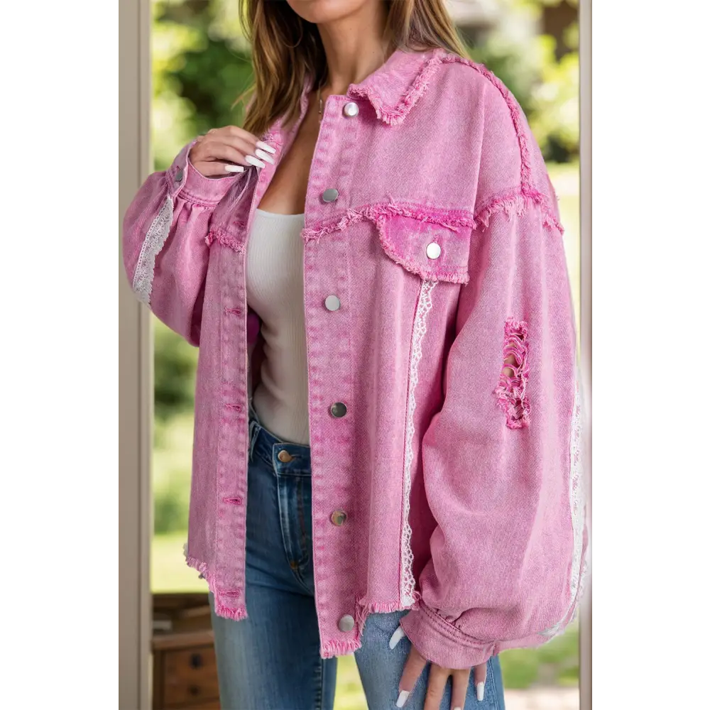 Lace detail distressed denim jacket for luxury fashion forward women $79.99 this exquisite piece boasts a distressed