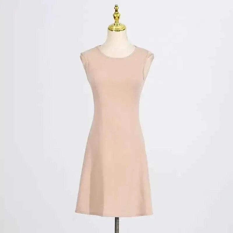 Lace Mock Neck sleeveless beige dress with simple design and smooth fabric on mannequin