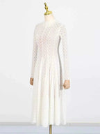 Lace Mock Neck long sleeve white lace maxi dress with lined body and zipper detail