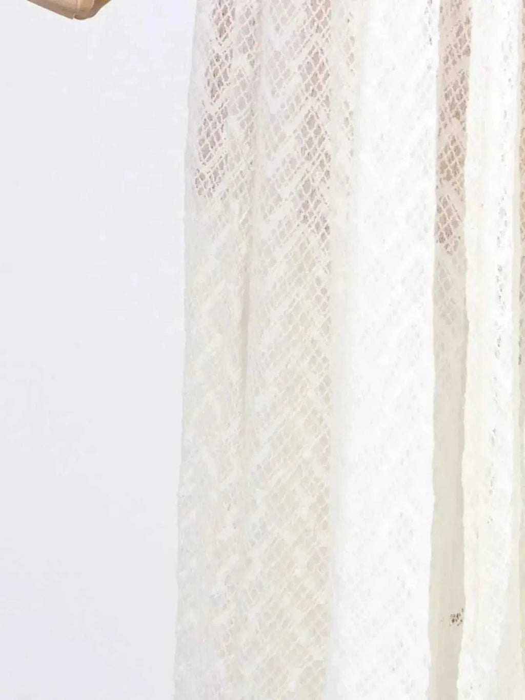 Lace Mock Neck long sleeve maxi dress in white sheer lace fabric with intricate geometric pattern and lining