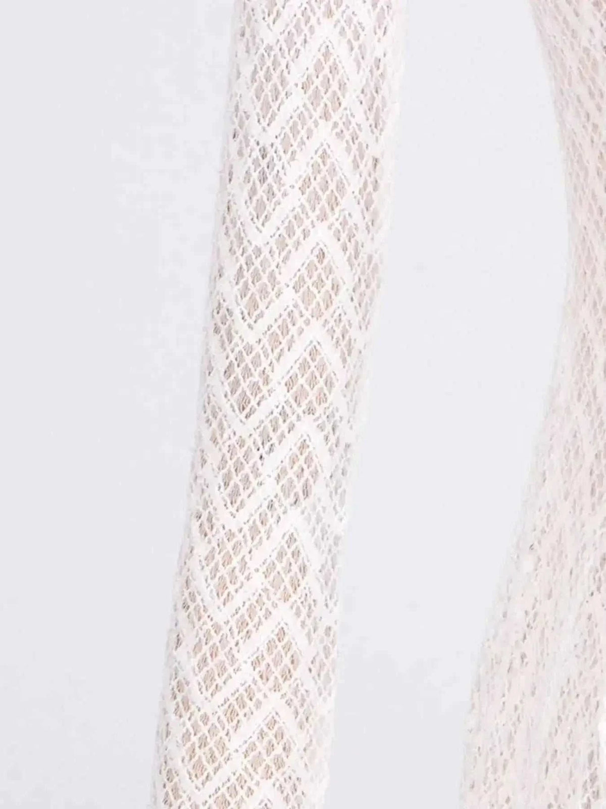 Lace Mock Neck long sleeve dress detail in white lace fabric with intricate geometric patterns and lining beneath