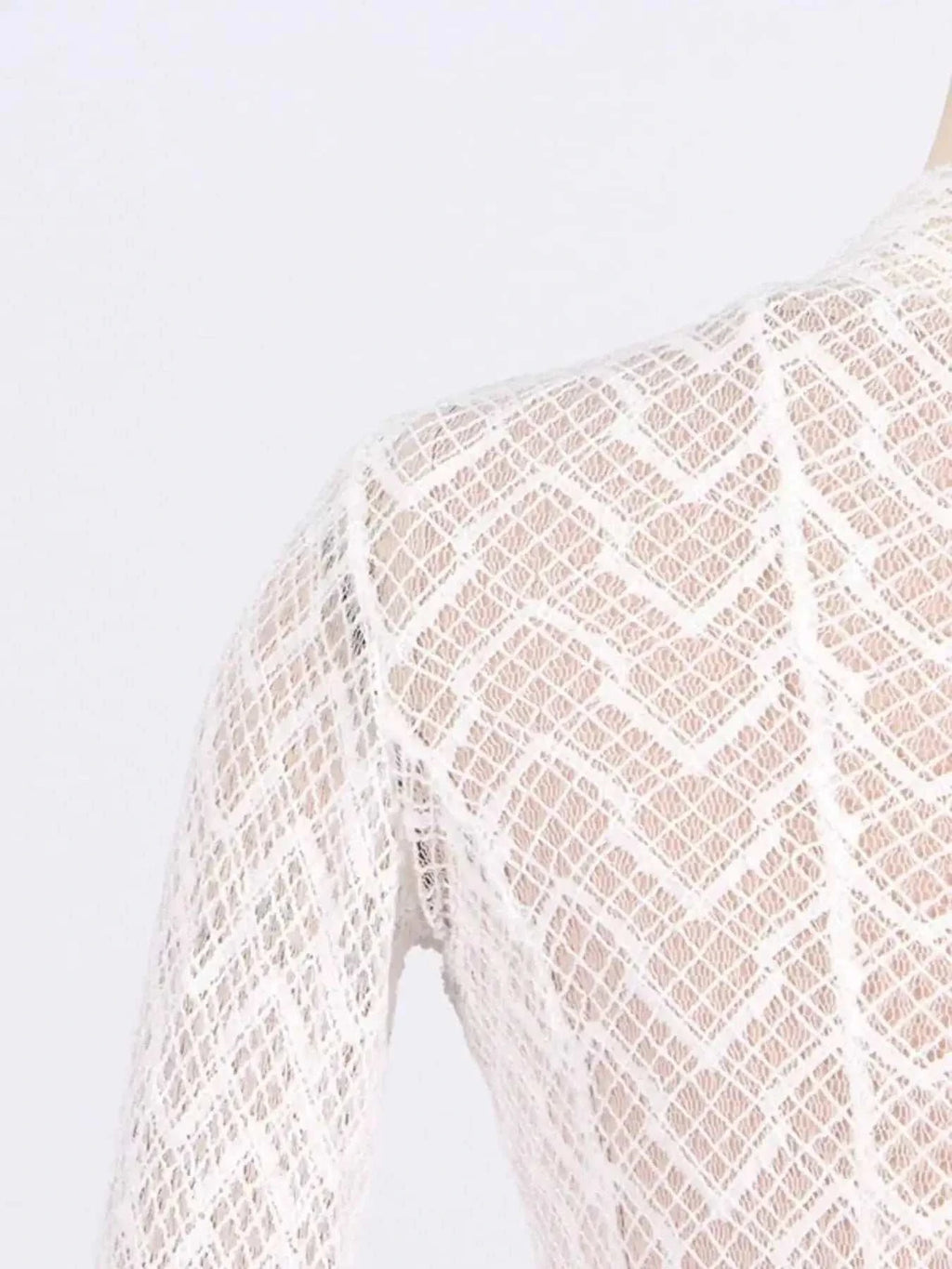 Lace Mock Neck long sleeve maxi dress featuring white geometric lace pattern with sheer body and lined fabric