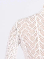 Lace Mock Neck long sleeve maxi dress featuring white geometric lace pattern with sheer body and lined fabric