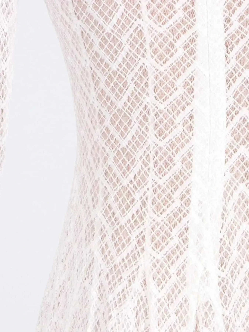 White lace long sleeve dress detail with floral pattern and zipper closure, featuring Lace Mock Neck design