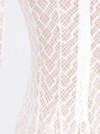 White lace long sleeve dress detail with floral pattern and zipper closure, featuring Lace Mock Neck design