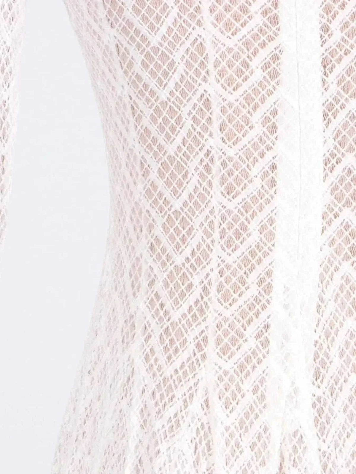 White lace long sleeve dress detail with floral pattern and zipper closure, featuring Lace Mock Neck design