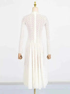 White long sleeve lace maxi dress with a zipper back and lined body featuring a Lace Mock Neck design