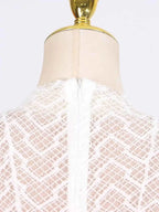 Lace Mock Neck white long sleeve maxi dress back view showing zipper closure and intricate lace pattern