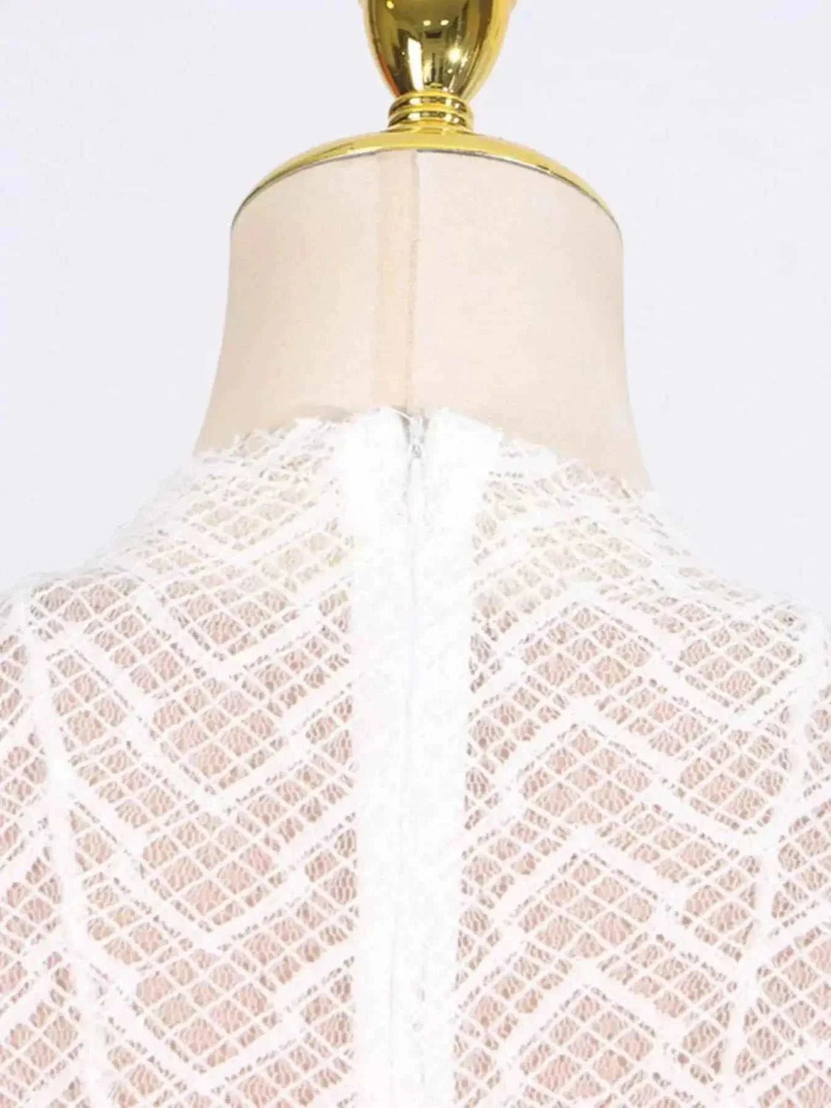 Lace Mock Neck white long sleeve maxi dress back view showing zipper closure and intricate lace pattern