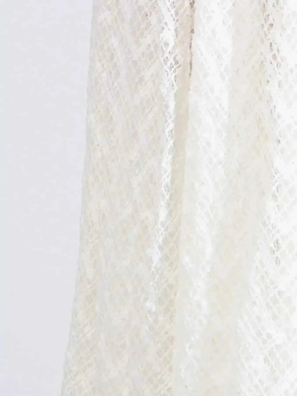 Lace Mock Neck white long sleeve maxi dress with geometric lace pattern and lined polyester fabric
