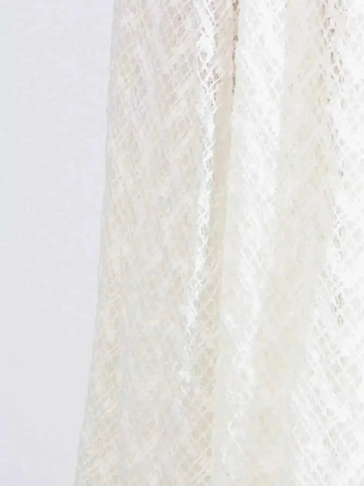 Lace Mock Neck white long sleeve maxi dress with geometric lace pattern and lined polyester fabric