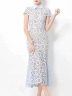 Lace Short Sleeve Midi Dress in light blue featuring floral lace overlay, short sleeves, a collar, and a belted waist