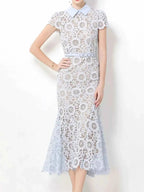 Lace Short Sleeve Midi Dress in light blue with floral lace pattern, short sleeves, collar, and fitted silhouette