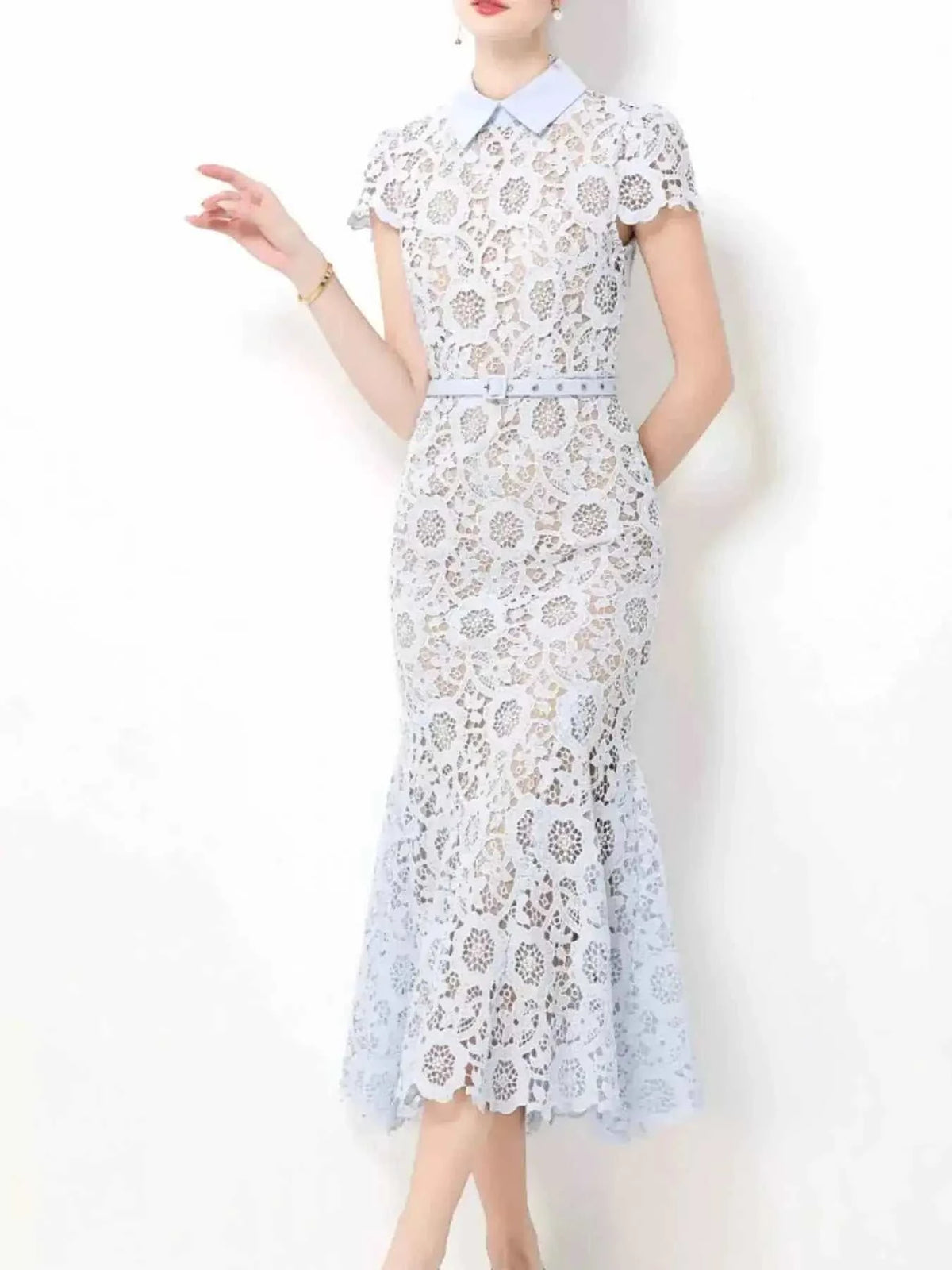 Lace Short Sleeve Midi Dress in light blue with floral lace pattern, collared neckline, fitted waist and short sleeves