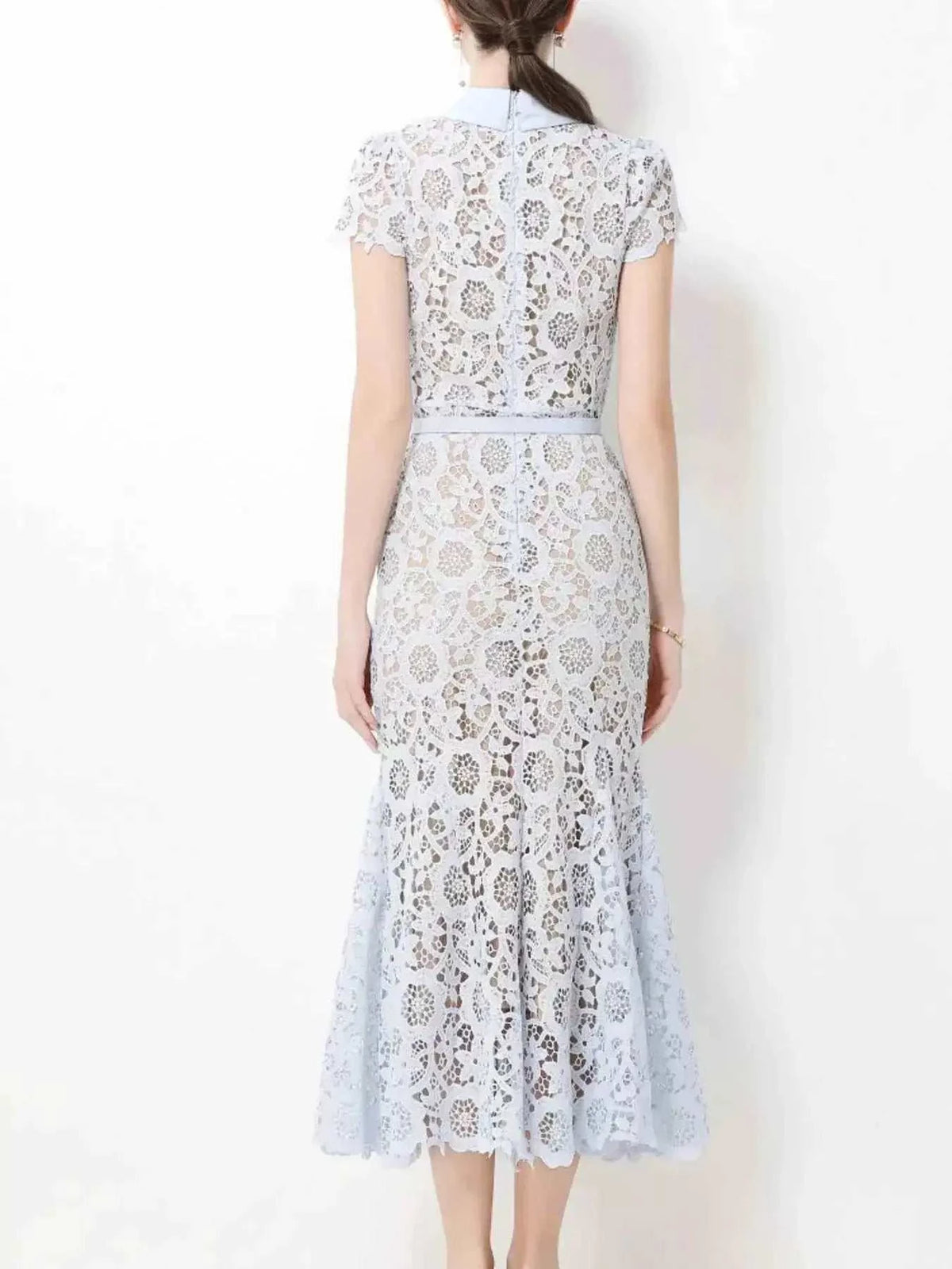 Lace Short Sleeve Midi Dress in light blue with floral lace pattern, fitted silhouette, and zipper back closure