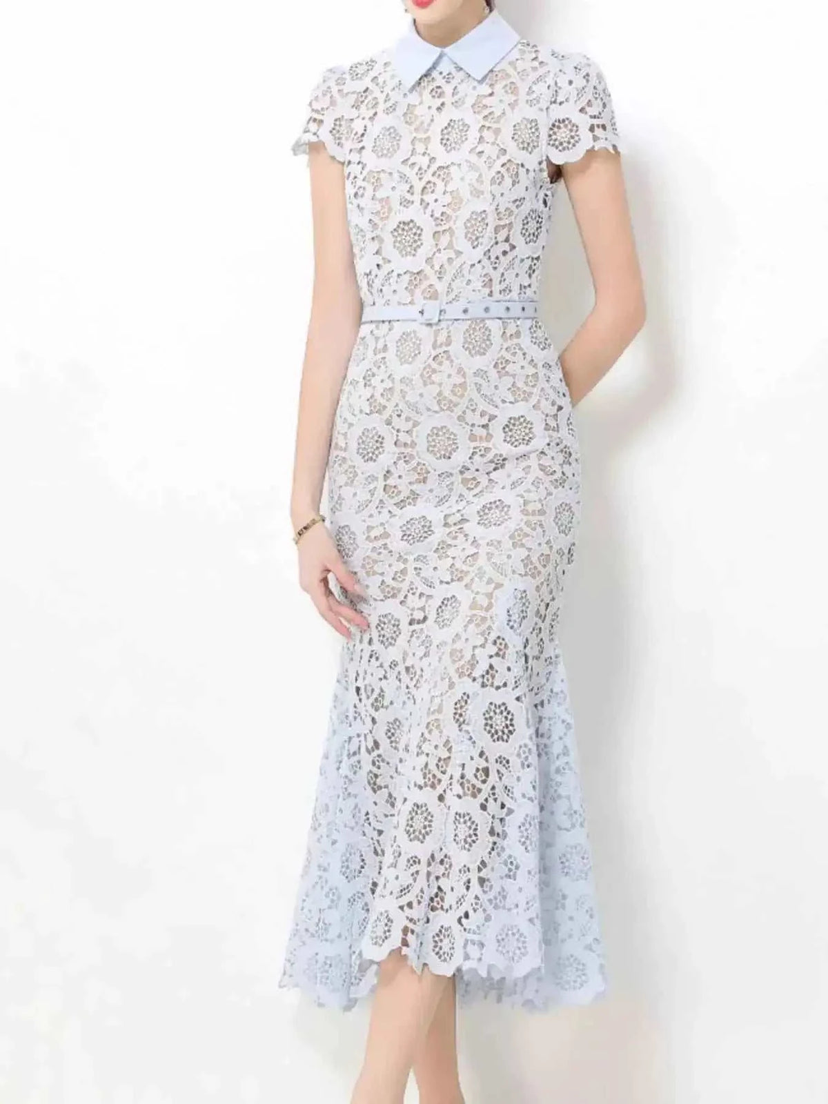 Lace Short Sleeve Midi Dress in light blue with floral lace pattern, short sleeves, collar, and fitted silhouette